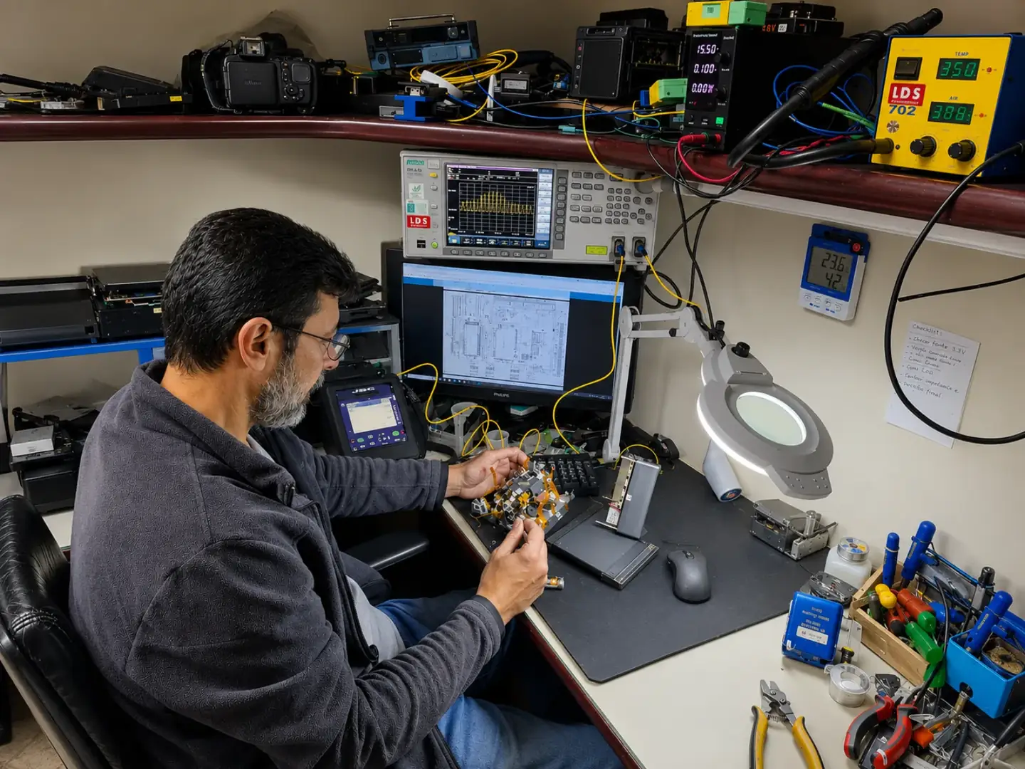 Engenheiro da LDS realizando calibração e manutenção de OTDR em bancada com analisador de espectro óptico